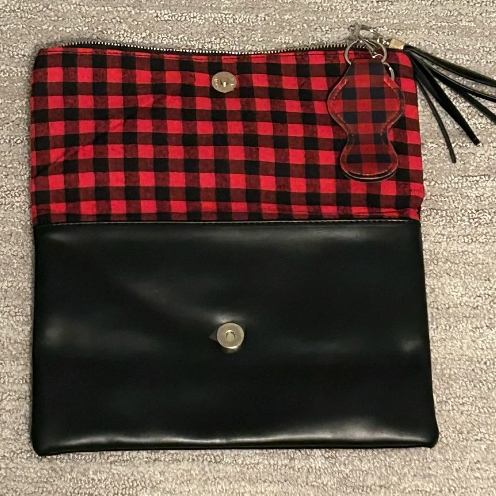 Funky Monkey Foldover Red & Black Buffalo Plaid Clutch Top Zip 10.5” x 7” NWOT